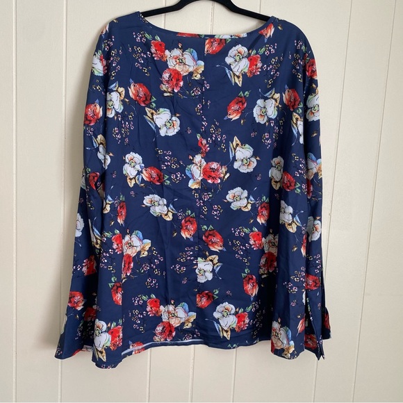 SHEIN Emery Rose Plus Navy Blue Floral Print Flounce Sleeve Long Sleeve Blouse - Picture 7 of 11